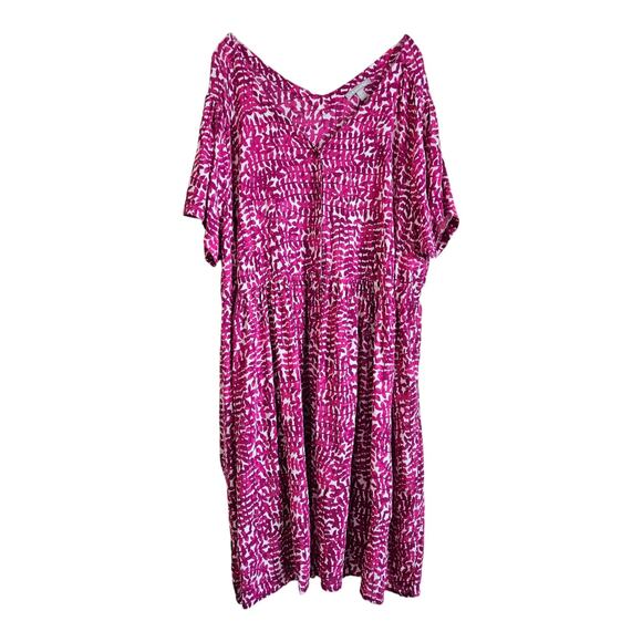 WOMAN WITHIN Plus 3X 30 32 Dress Midi Crinkle Pink White Button Up Short Sleeve - Picture 1 of 7